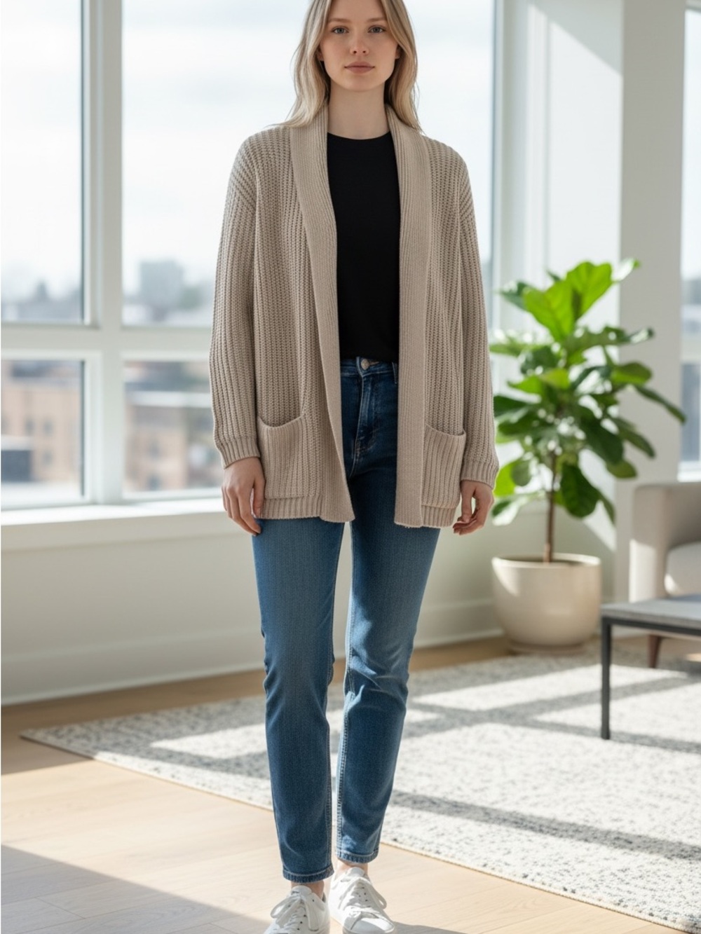 ASOS Beige Open Front Longline Knit Cardigan Sweater L NWT Shawl Collar Pockets
